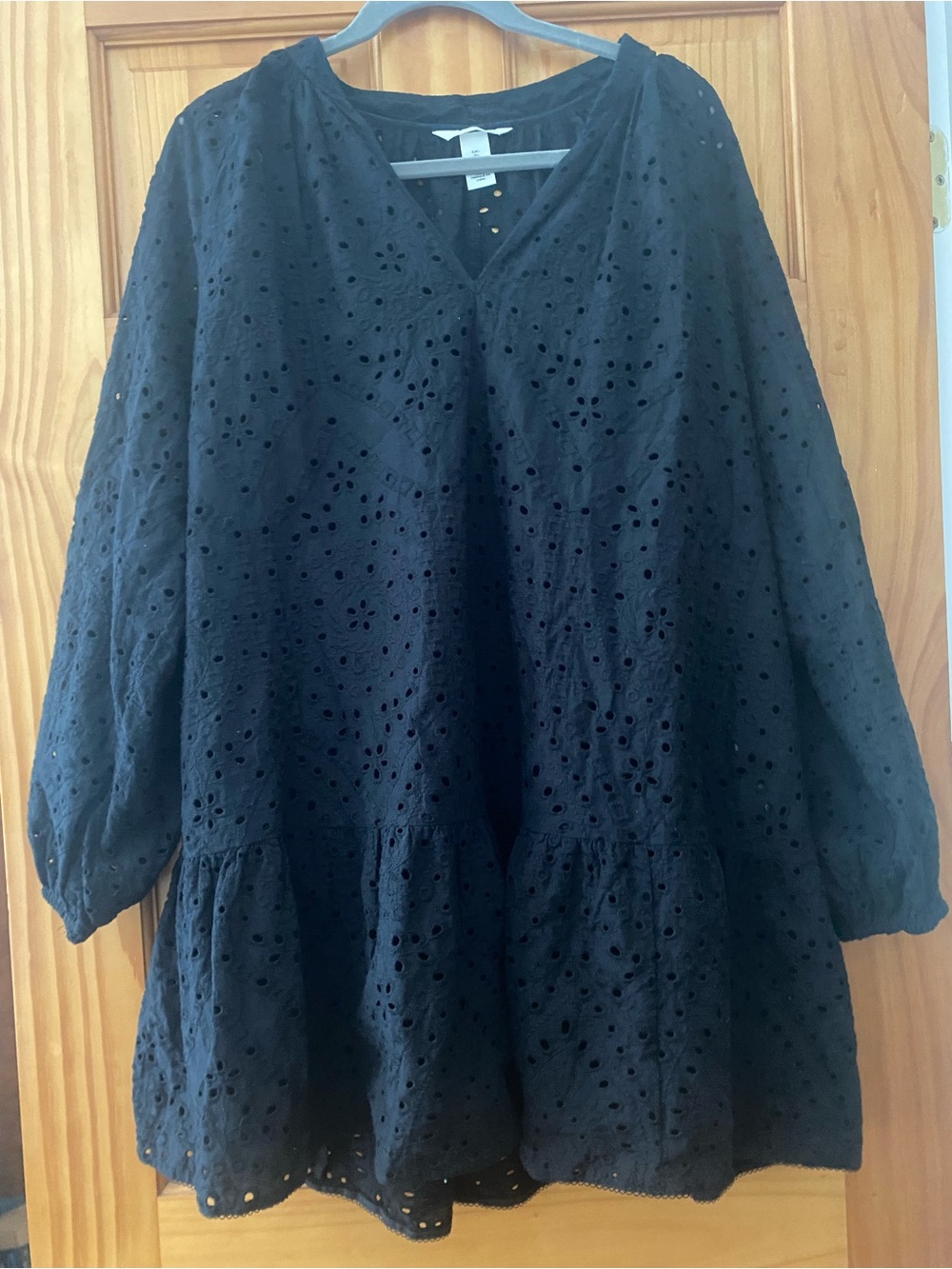 H&M Black 100% Cotton Eyelet Embroidered Mini Dress Boho Peplum Long Sleeve L